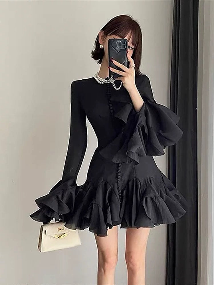 Elegant Long-Sleeve Ruffle Hem Dress – Pink, Red, Black & White