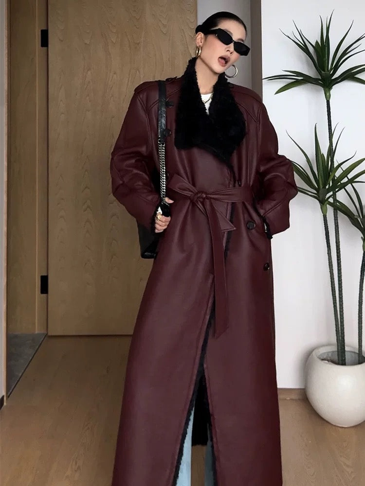 Luxury Oversized Burgundy Leather Trench Coat with Shearling Collar – Premium Winter Statement Piece