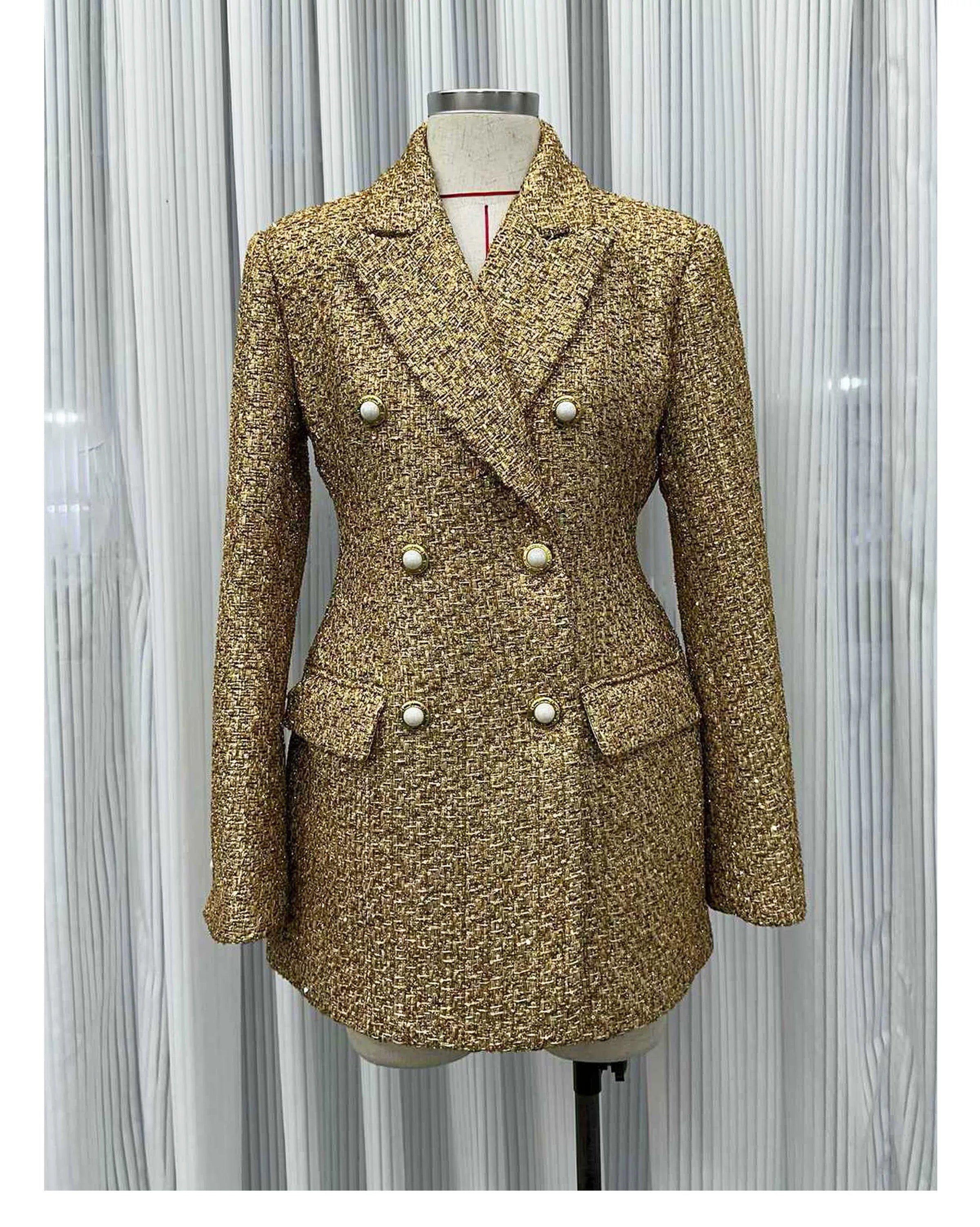 Golden Glamour Sequin Tweed Blazer Dress