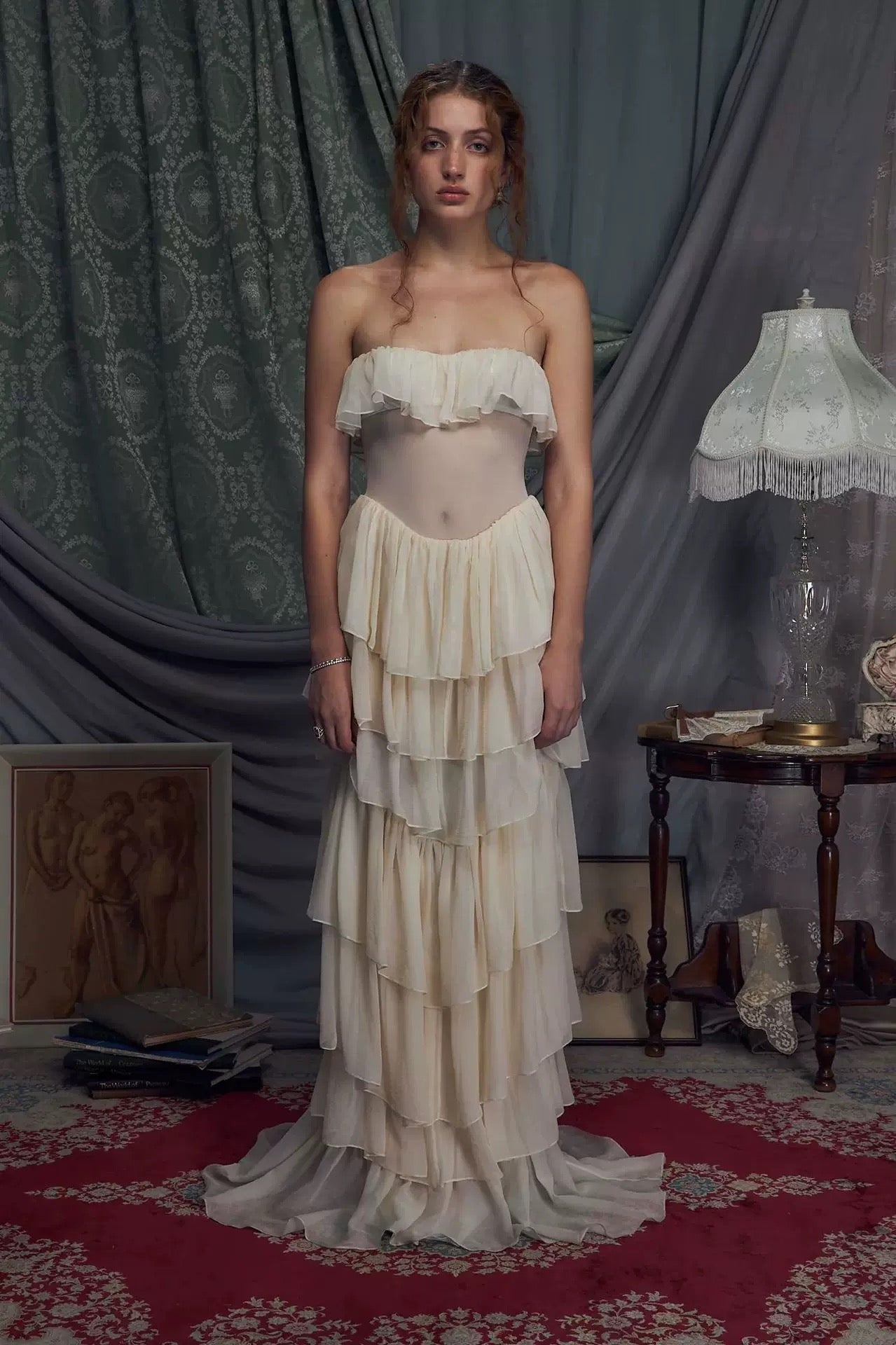 Off-Shoulder Ivory Corset-Back Ruffle Gown