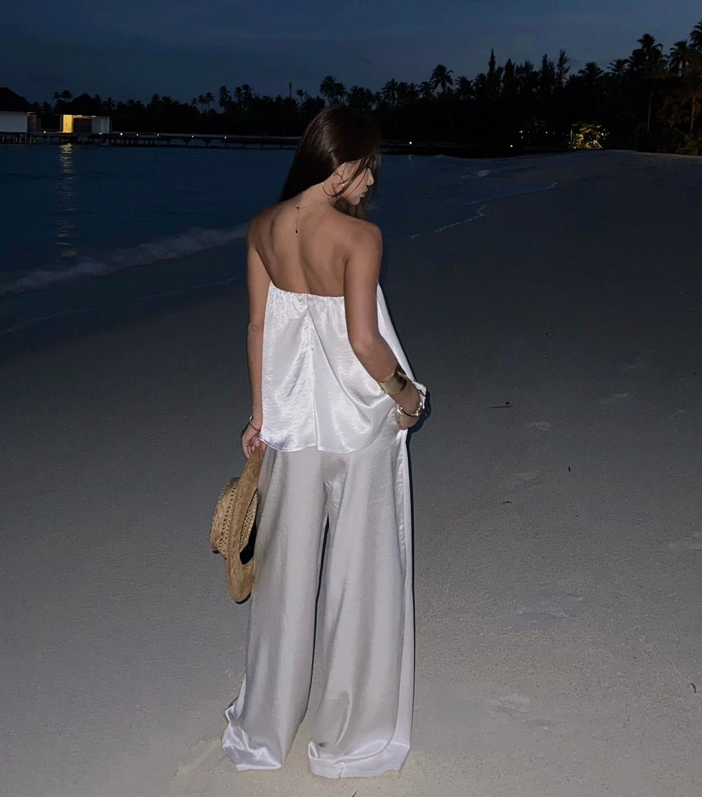 High-End White Satin Two-Piece Suit – Summer Top & Draped Wide-Leg Trousers