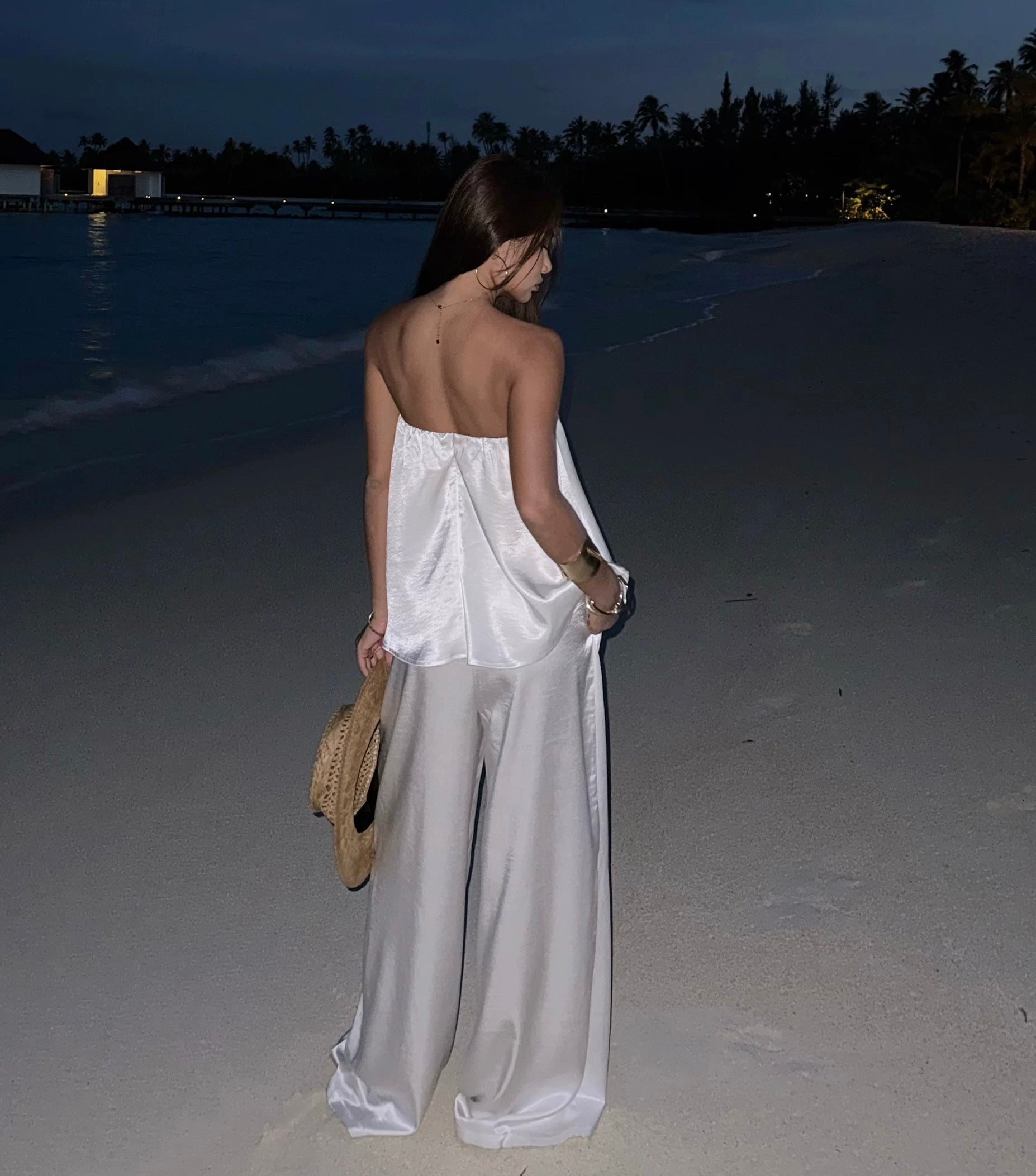 High-End White Satin Two-Piece Suit – Summer Top & Draped Wide-Leg Trousers