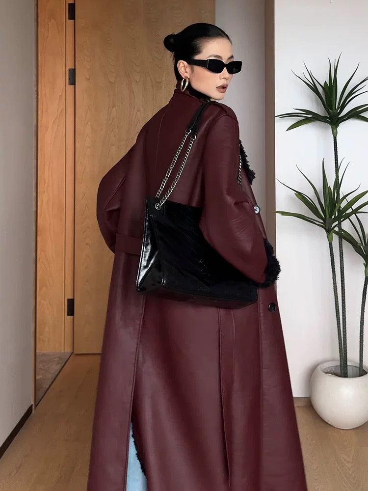 Luxury Oversized Burgundy Leather Trench Coat with Shearling Collar – Premium Winter Statement Piece
