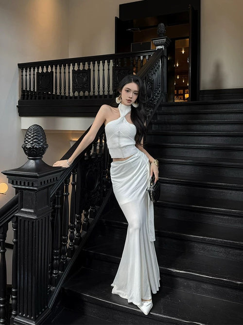 2 piece white knitted skirt and long skirt