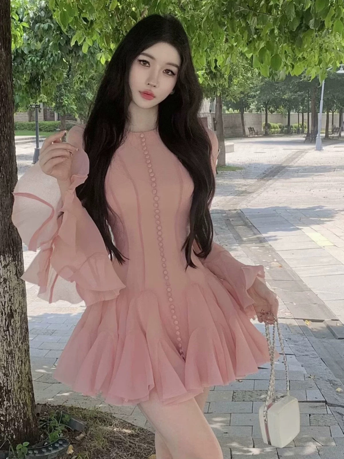 Elegant Long-Sleeve Ruffle Hem Dress – Pink, Red, Black & White
