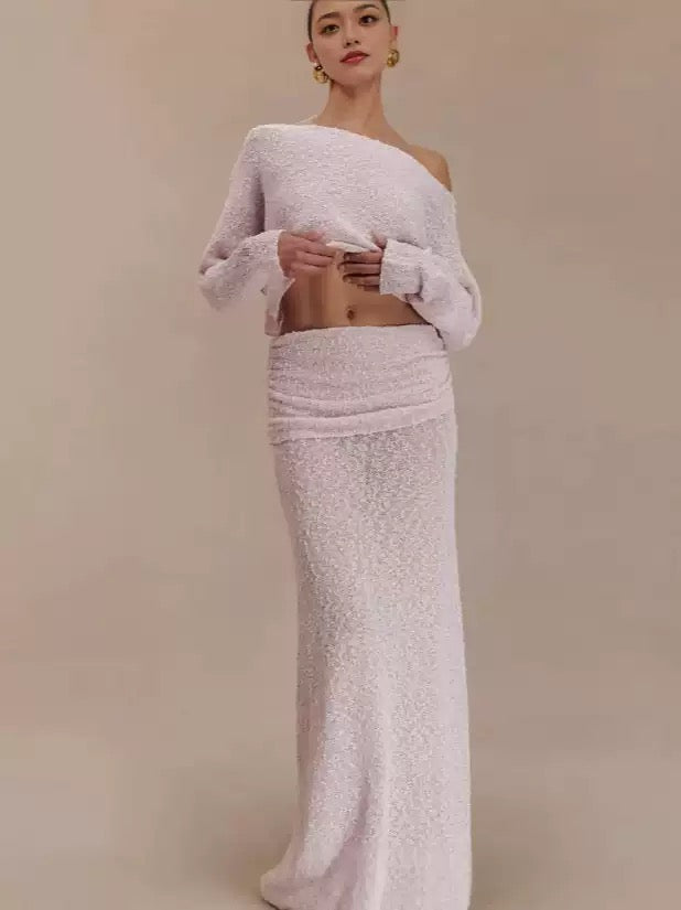 Textured Knit Co-ord Set – Crop Top & Maxi Skirt (Pink / Light Yellow)