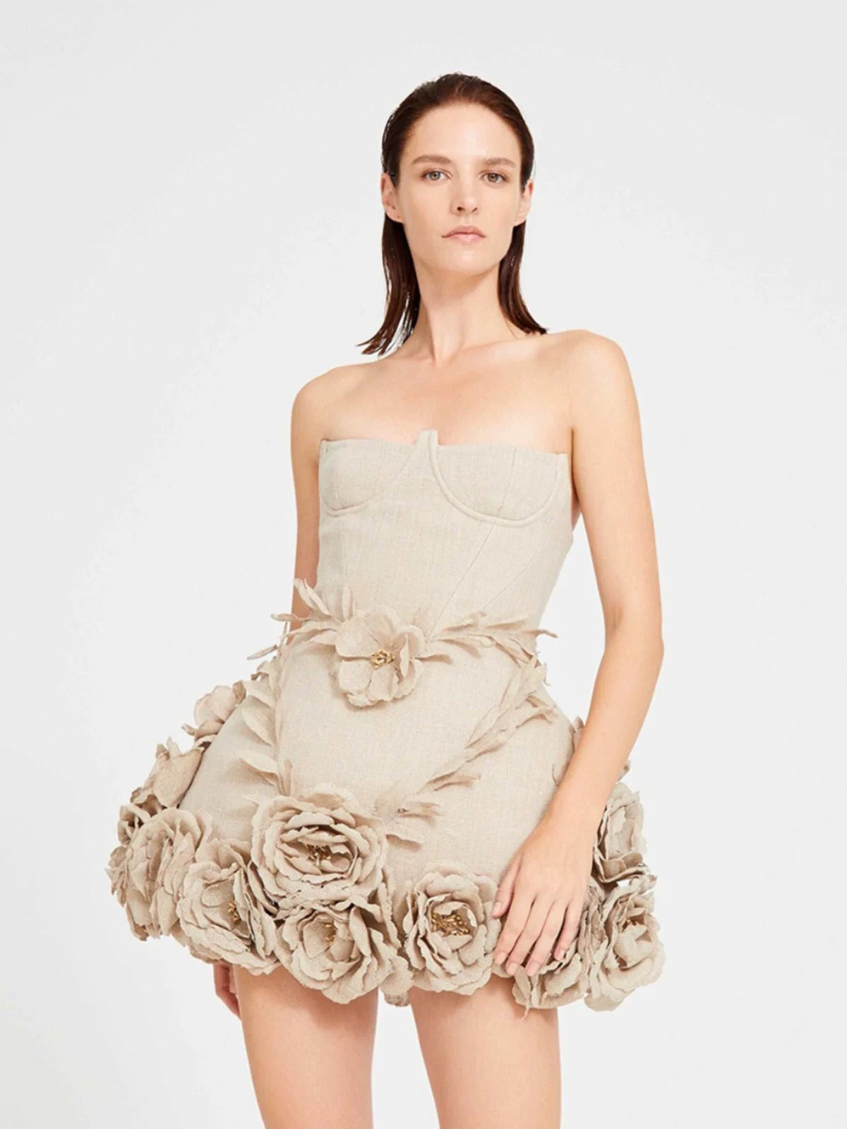 Beige Off-Shoulder Mini Dress with Floral Ruffle Detail