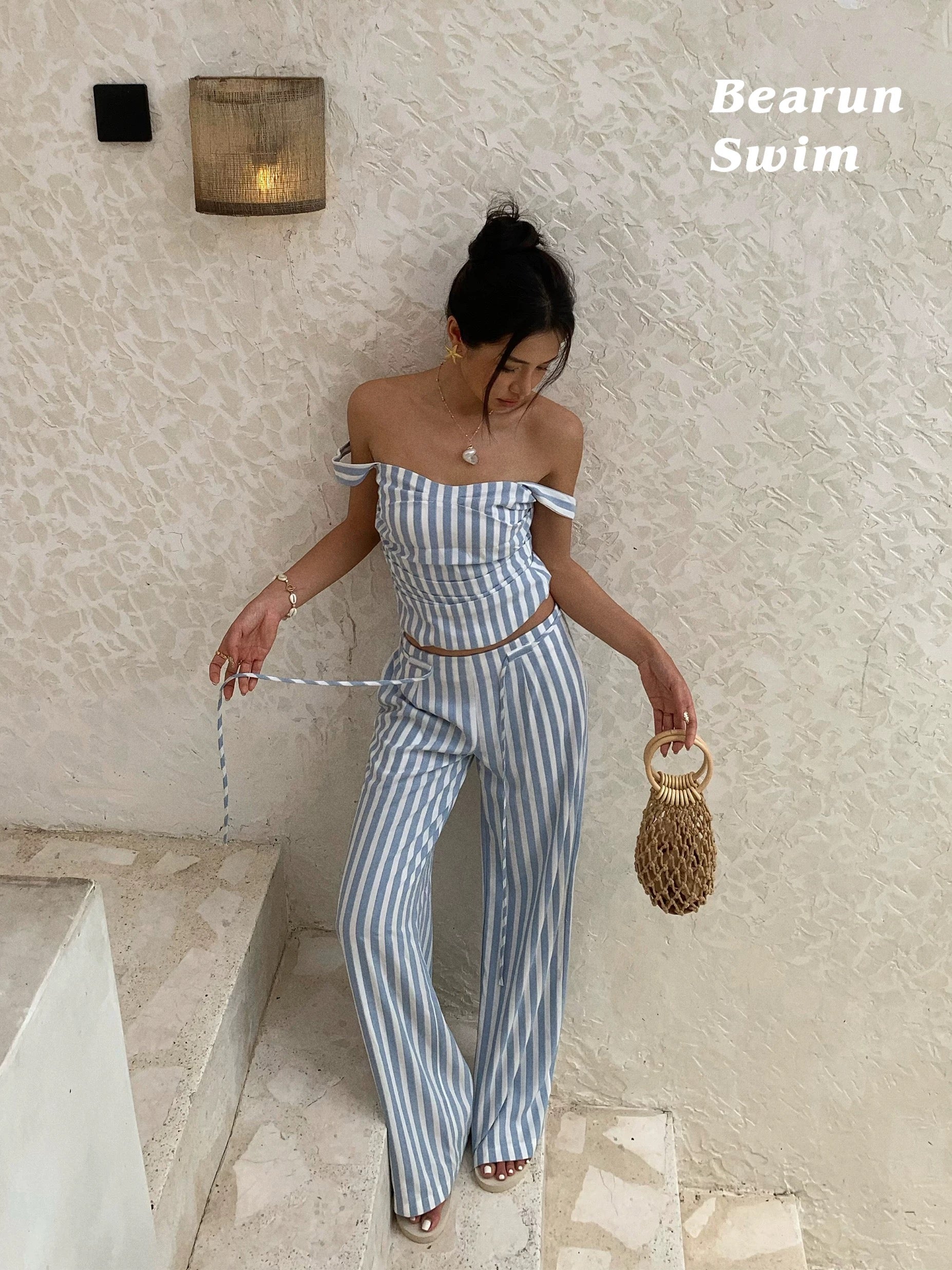 Blue & White Striped Off-Shoulder Two-Piece Set