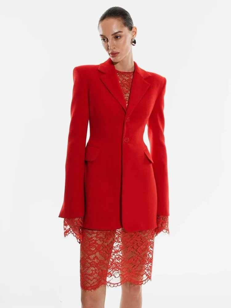 Red Lace-Trim Blazer Dress – Holiday Edition