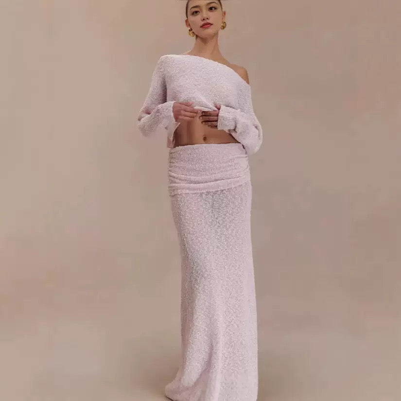 Textured Knit Co-ord Set – Crop Top & Maxi Skirt (Pink / Light Yellow)