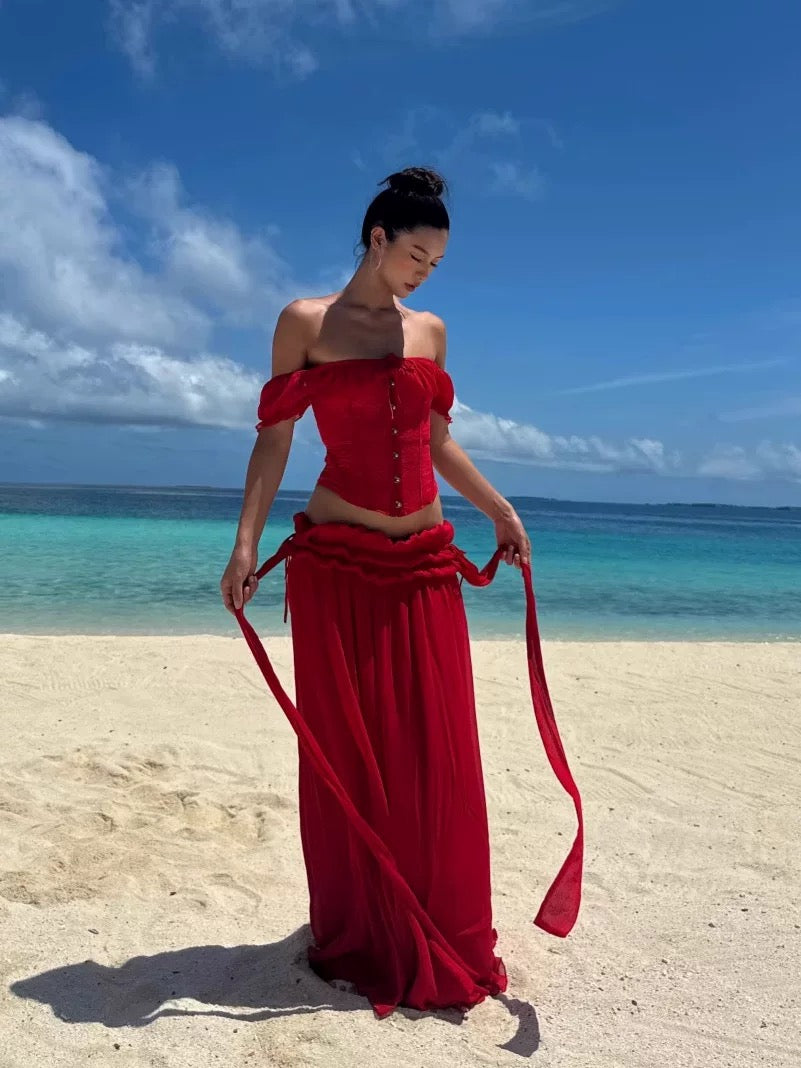 Women’s Off-Shoulder Corset Maxi Dress Set – Red, Pink, White & Black