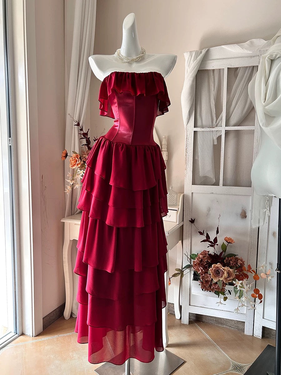 Off-Shoulder Red Tiered Ruffle Evening Gown