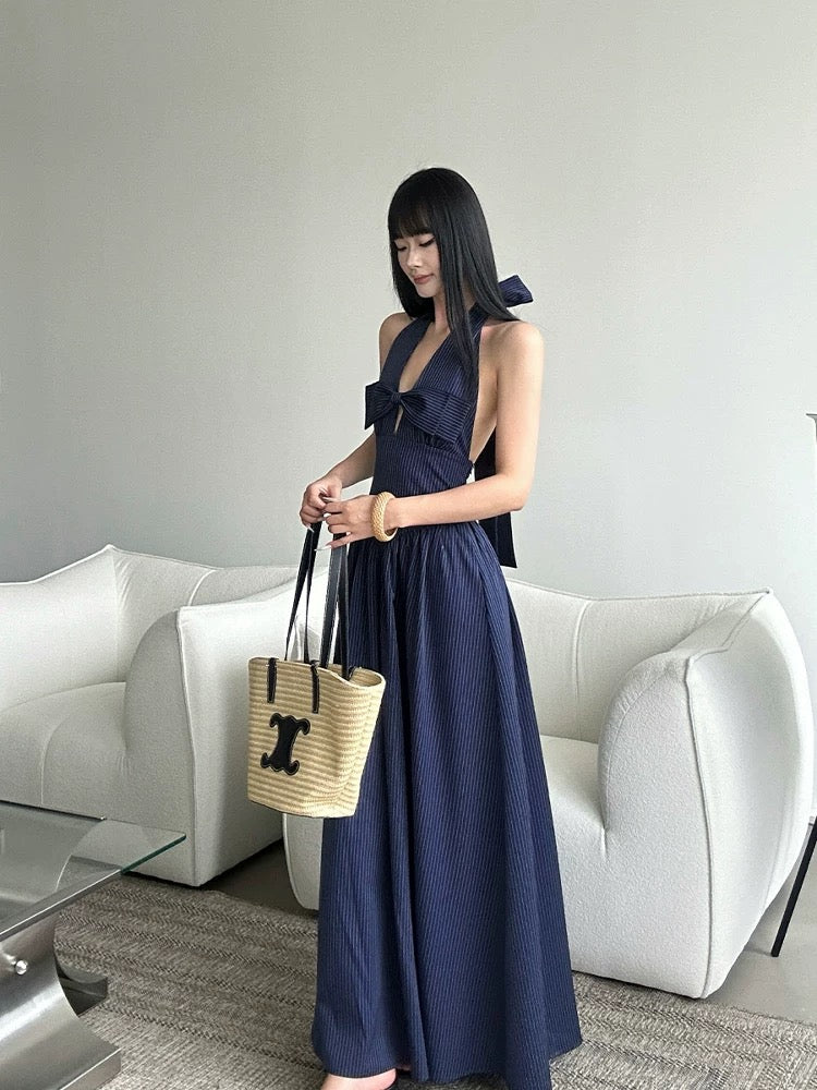 French Chic Striped Halter Maxi Dress with Bow Waist
