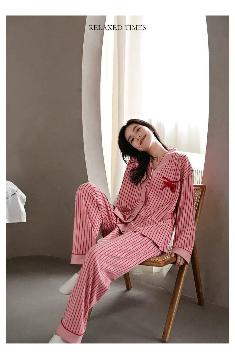 Cozy Pink Striped Cotton Pajama Set with Bow Detail – Soft Long-Sleeve Button-Up PJs