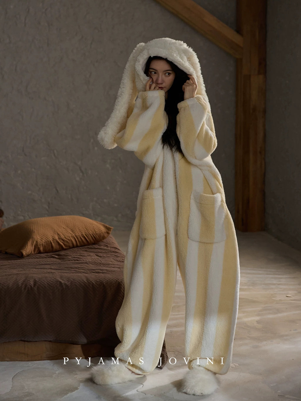 Cozy Striped Fluffy Onesie – Winter Snuggle Edition