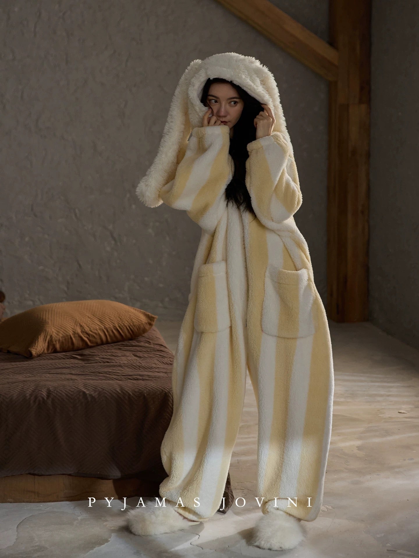 Cozy Striped Fluffy Onesie – Winter Snuggle Edition