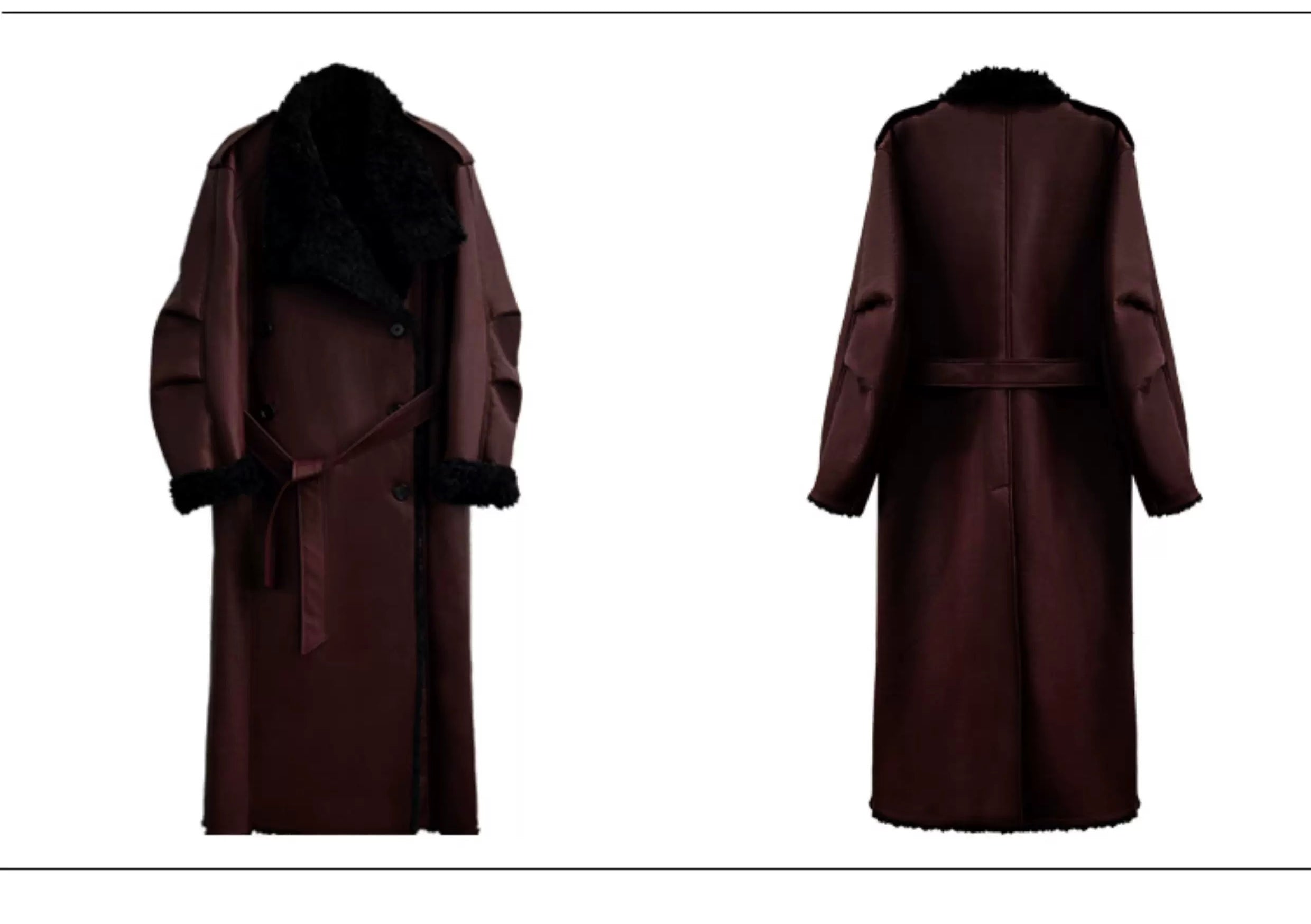 Luxury Oversized Burgundy Leather Trench Coat with Shearling Collar – Premium Winter Statement Piece