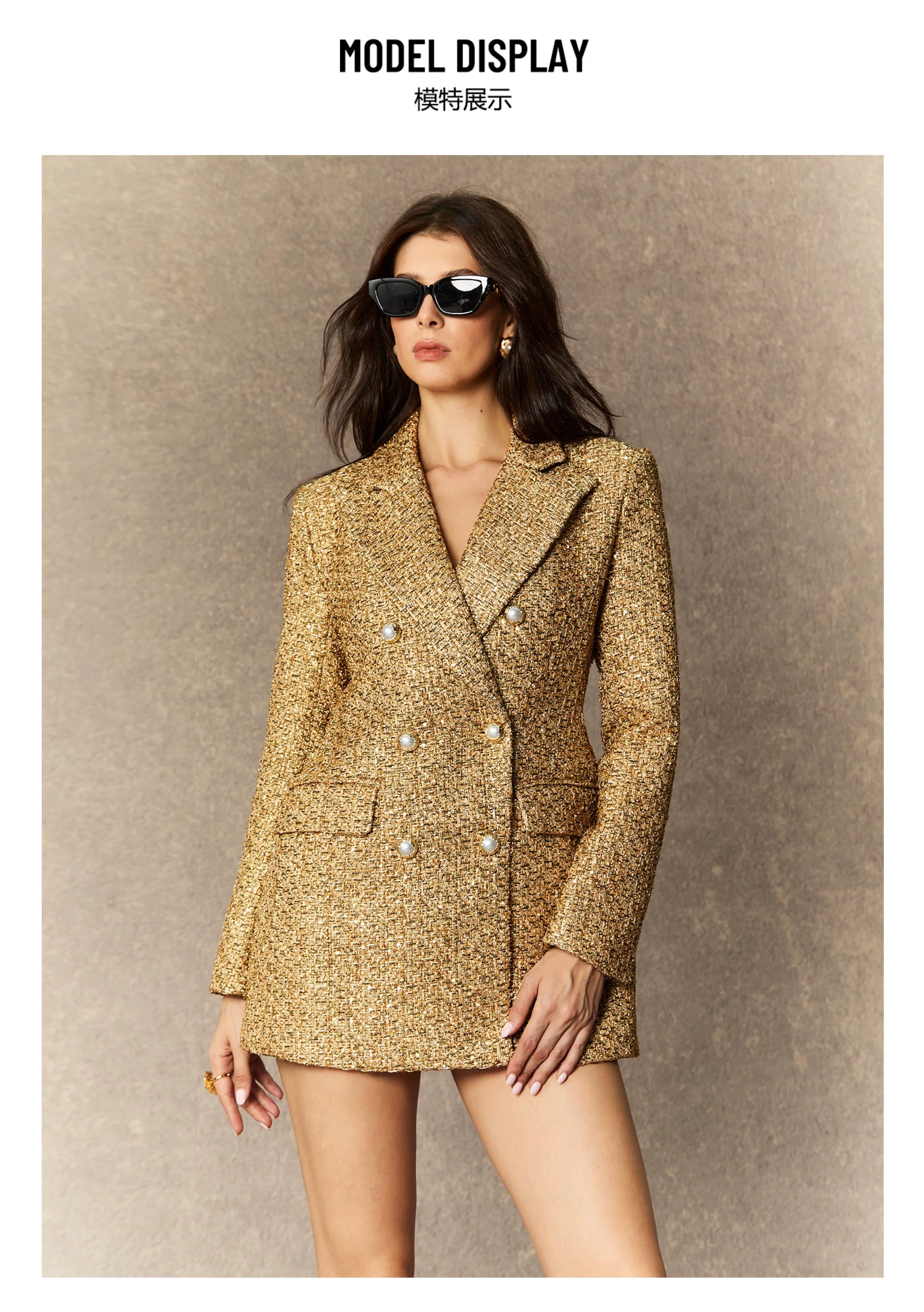 Golden Glamour Sequin Tweed Blazer Dress