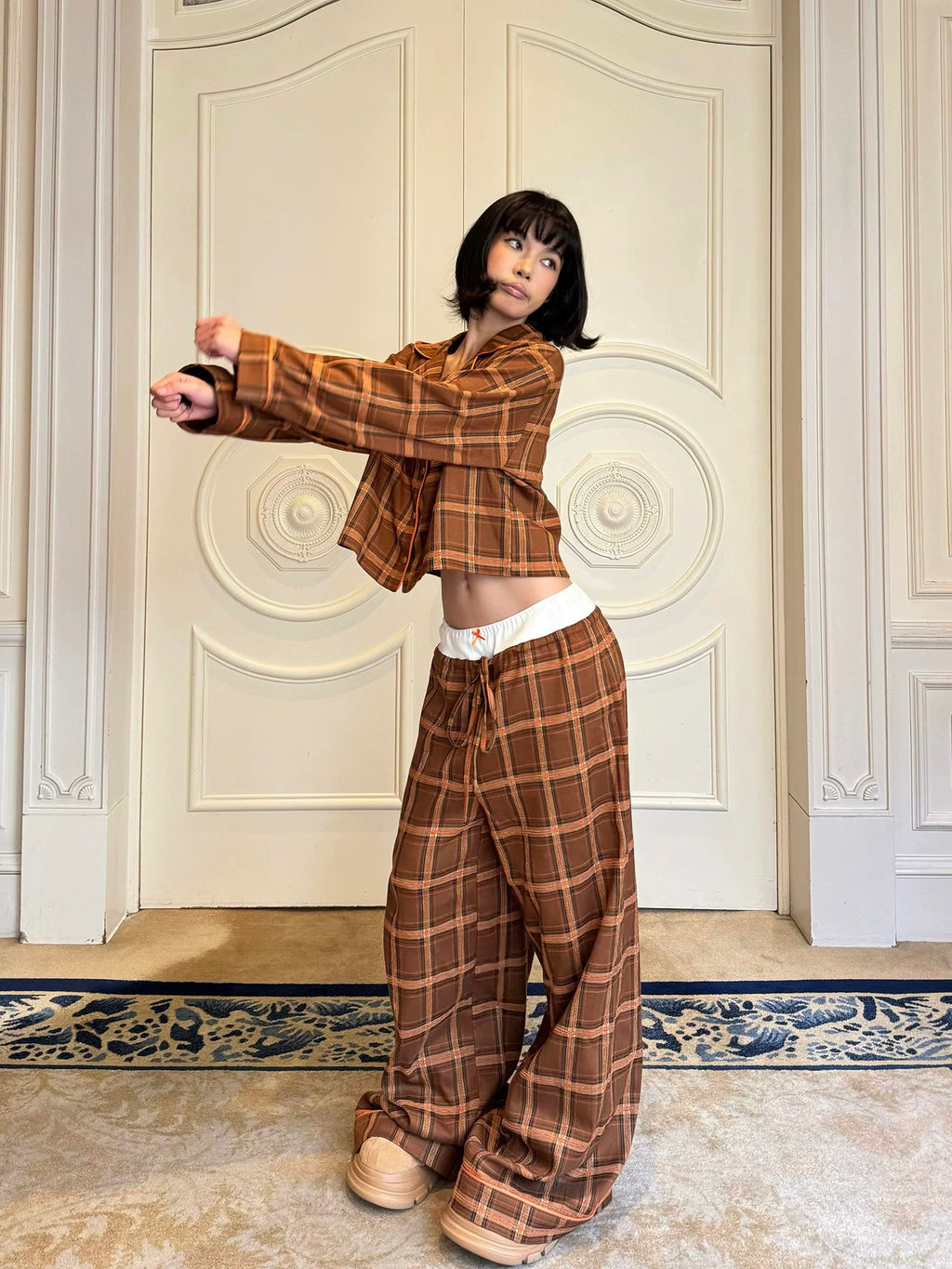 Cozy Christmas Plaid Pajama Set – Brown Sugar Tartan Crop Shirt & Wide-Leg Pants