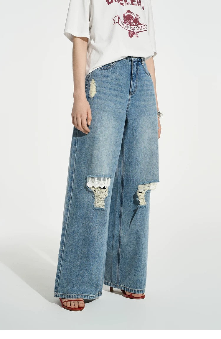 Women’s Distressed Ripped Jeans – Faded Blue & White