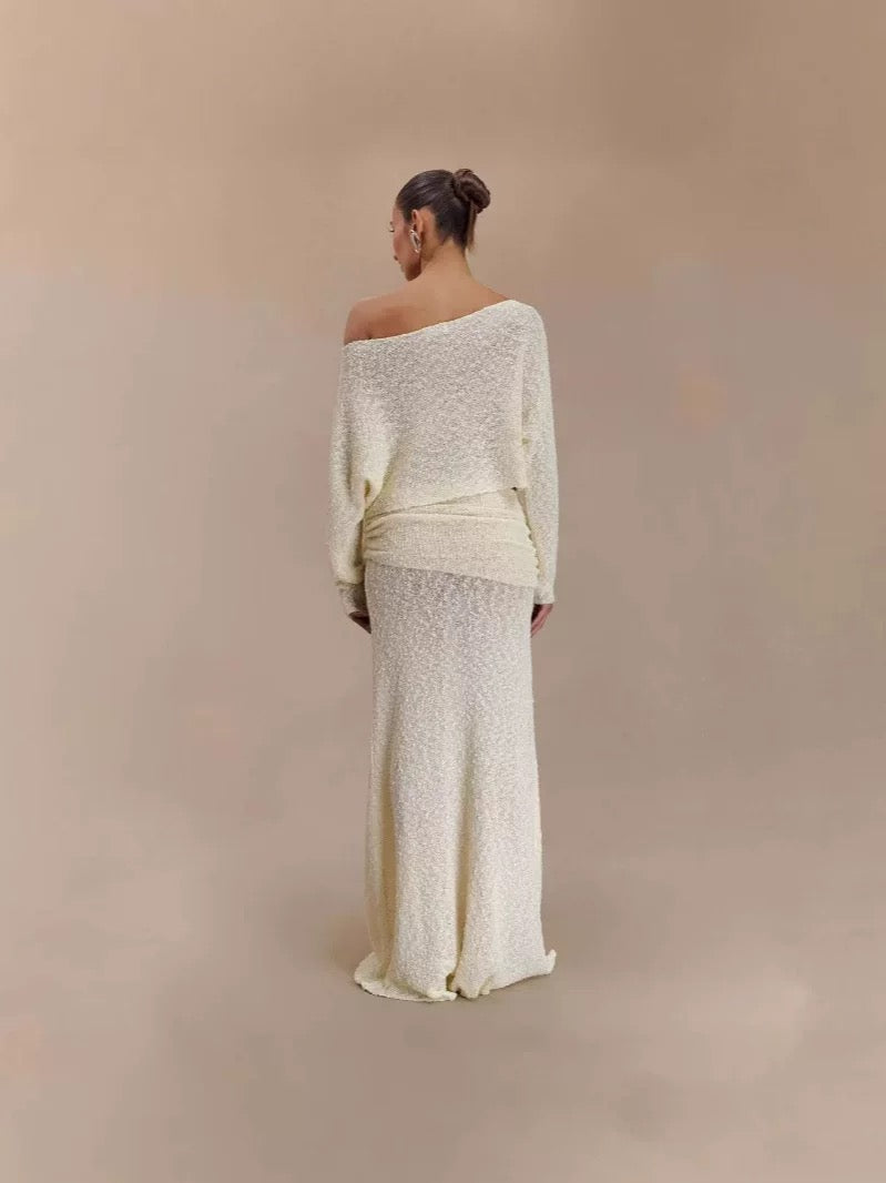 Textured Knit Co-ord Set – Crop Top & Maxi Skirt (Pink / Light Yellow)