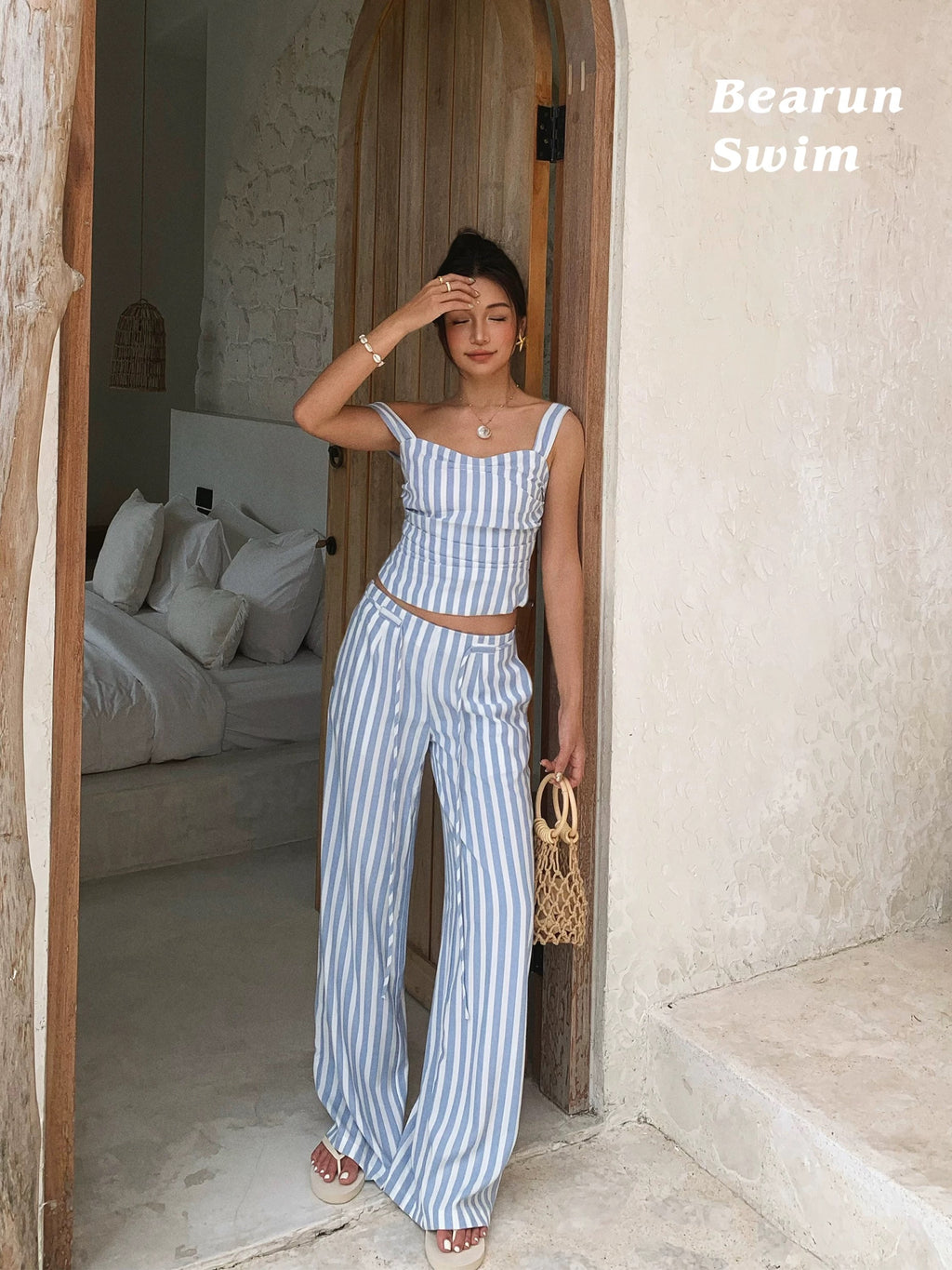 Blue & White Striped Off-Shoulder Two-Piece Set