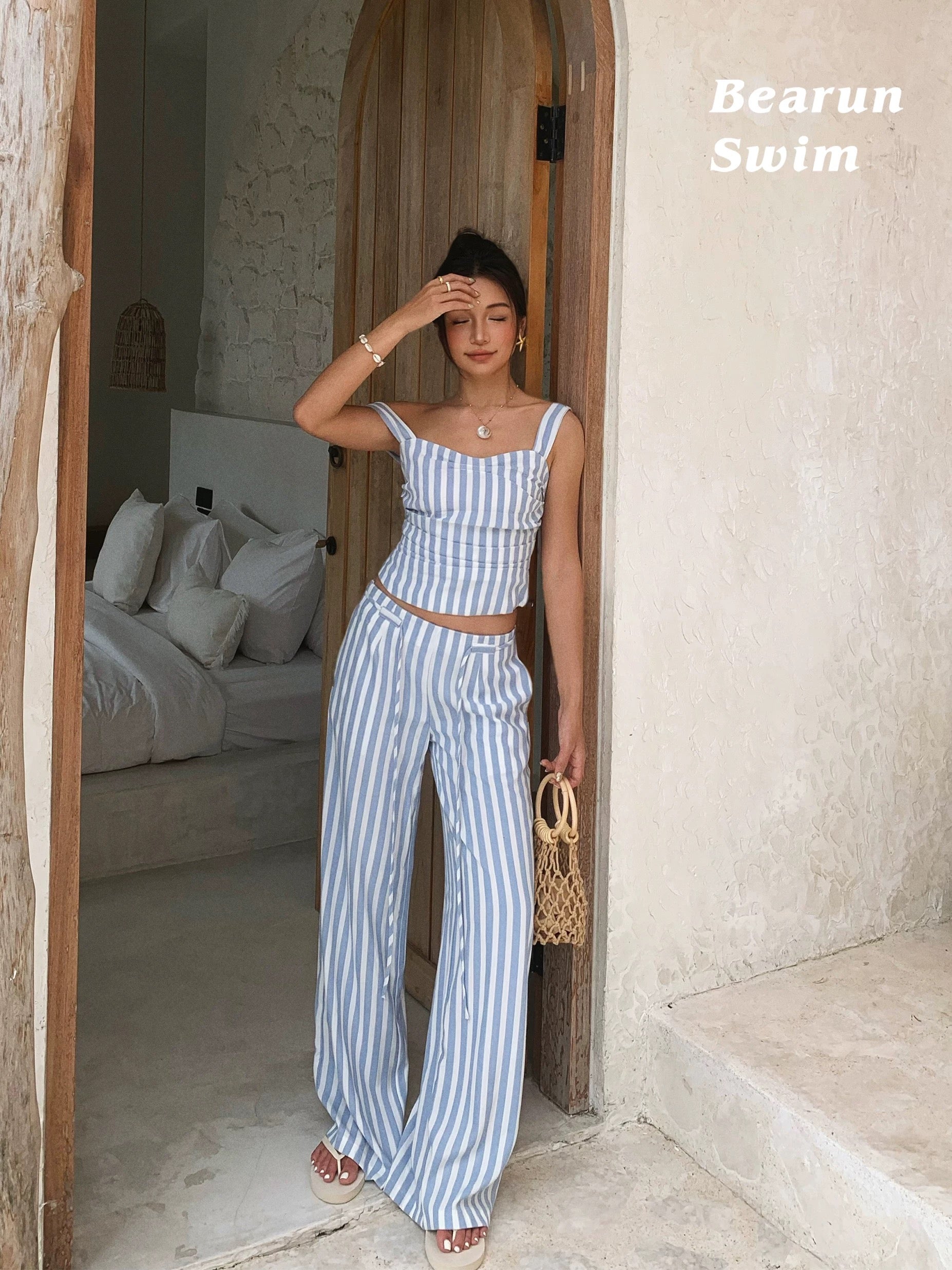 Blue & White Striped Off-Shoulder Two-Piece Set