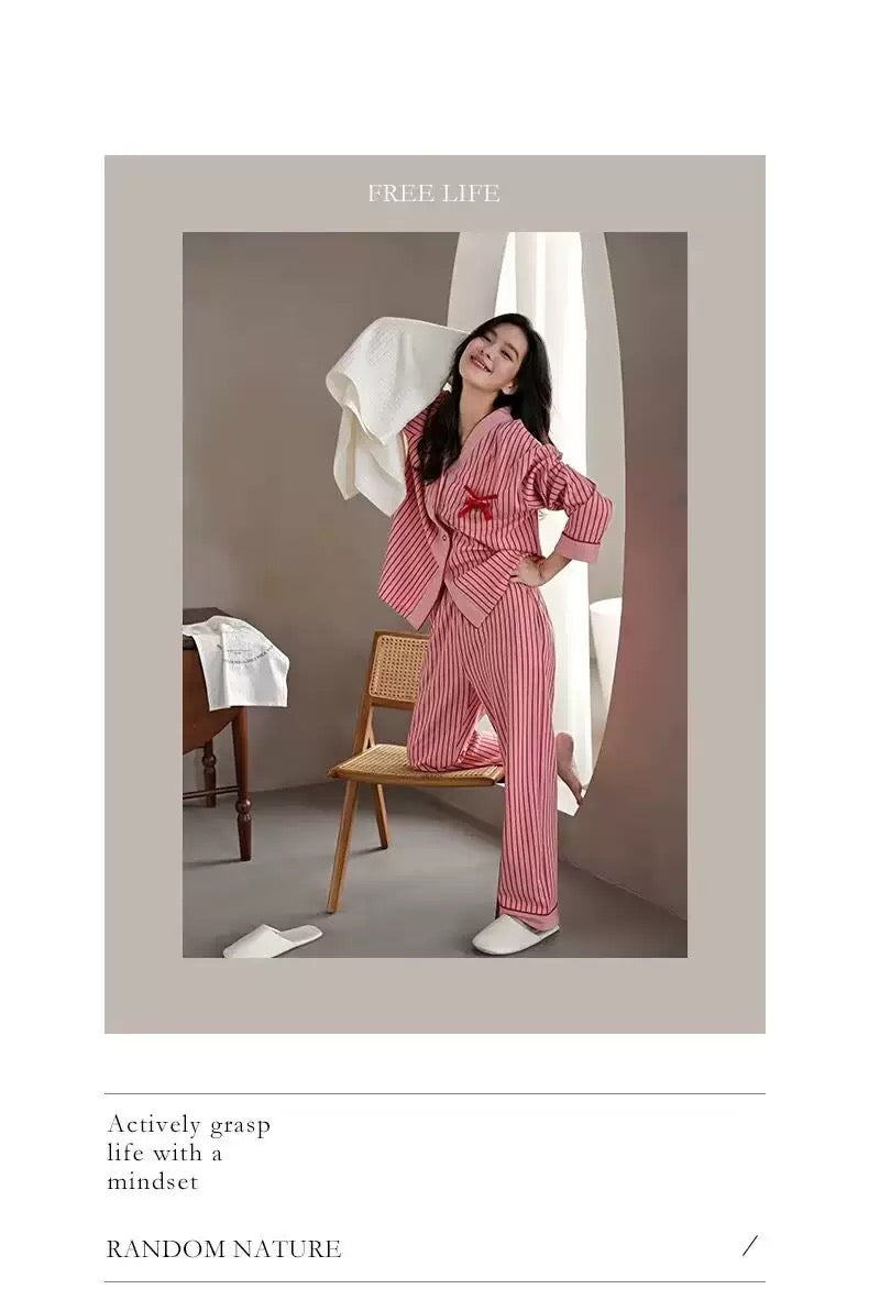 Cozy Pink Striped Cotton Pajama Set with Bow Detail – Soft Long-Sleeve Button-Up PJs