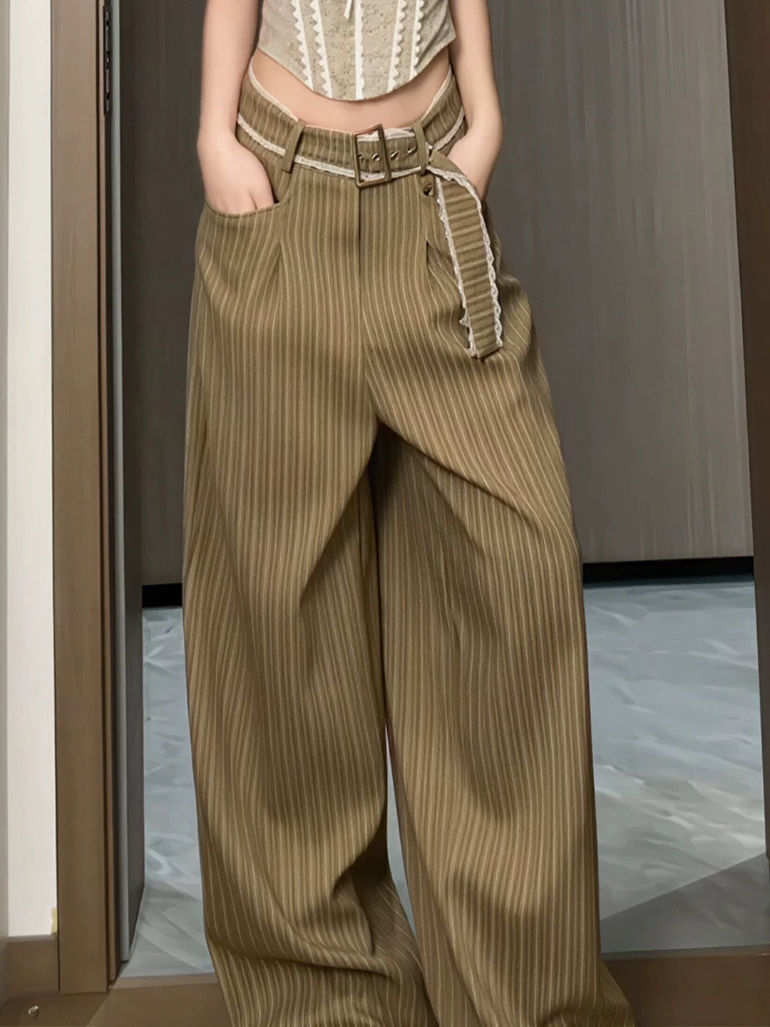 French Retro Khaki Wide-Leg Trousers – High-Waisted Slimming Casual Pants