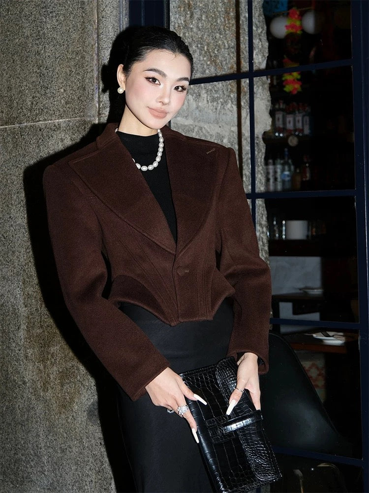 Brown Suede V-Neck Crop Jacket – Chic Fall/Winter  Essential