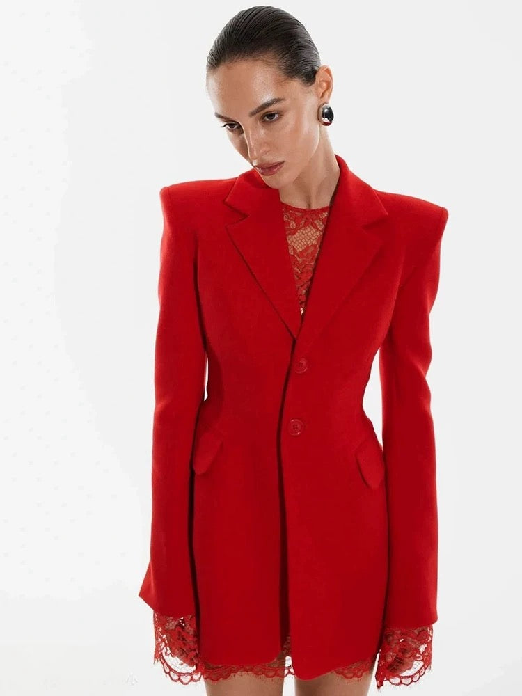 Red Lace-Trim Blazer Dress – Holiday Edition