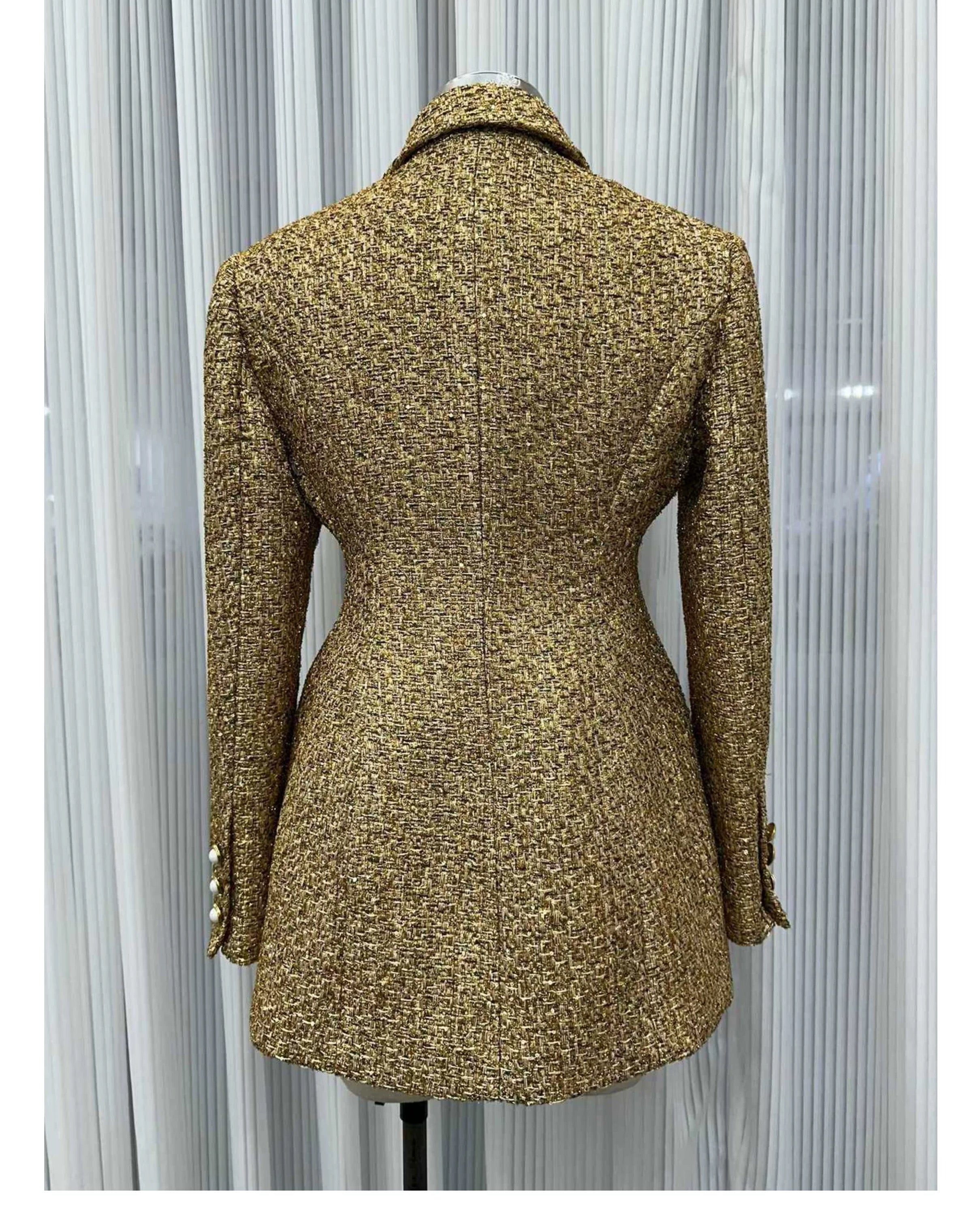 Golden Glamour Sequin Tweed Blazer Dress