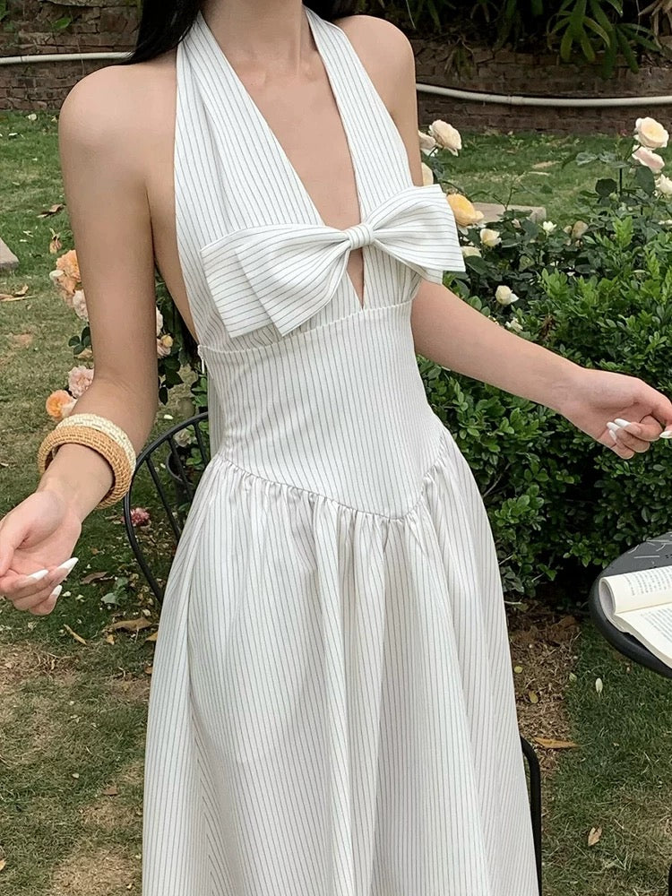 French Chic Striped Halter Maxi Dress with Bow Waist