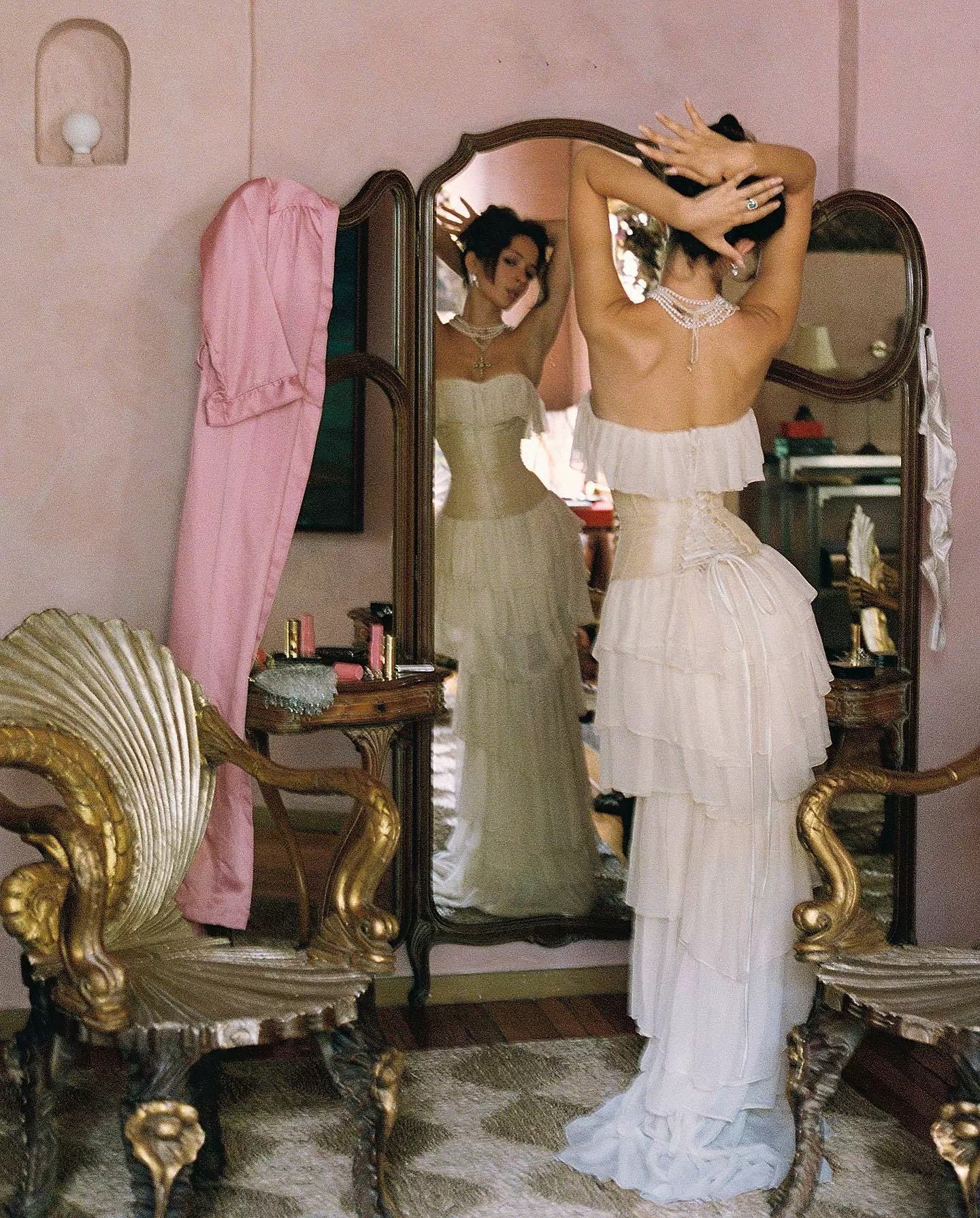 Off-Shoulder Ivory Corset-Back Ruffle Gown