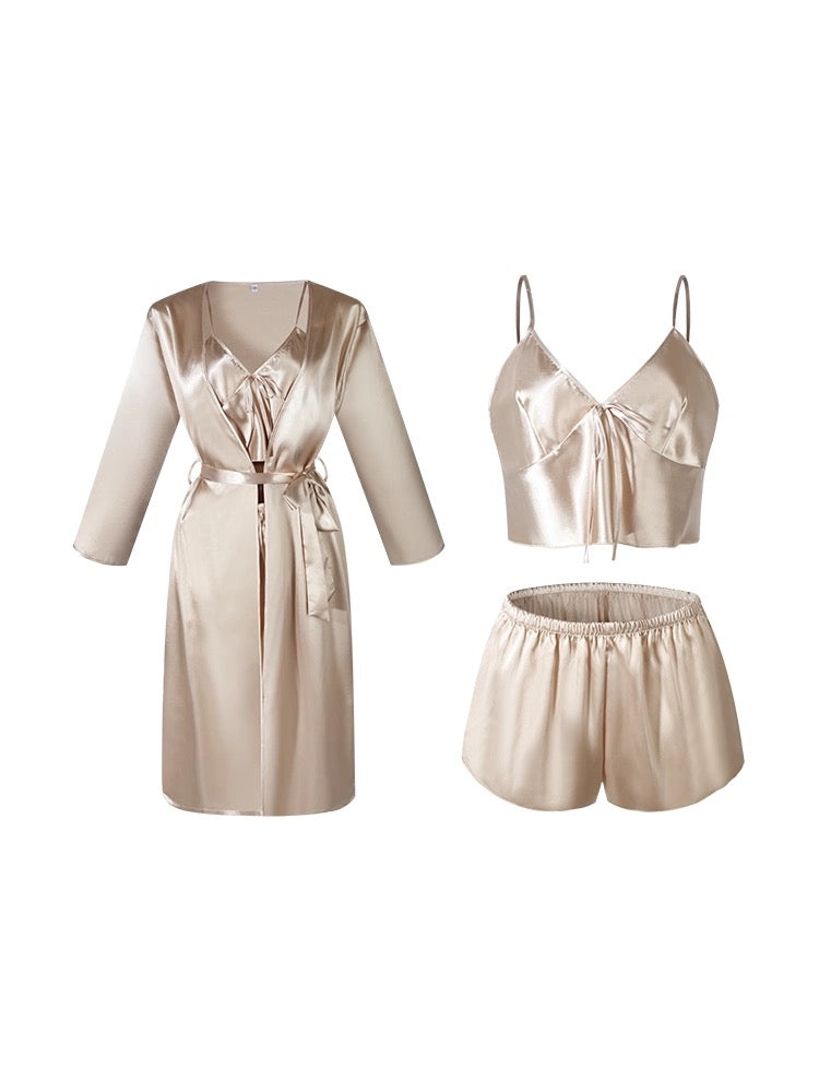 Summer New Sexy Suspender Shorts Three-piece Set Women's Ice Silk Pajama Set Homewear