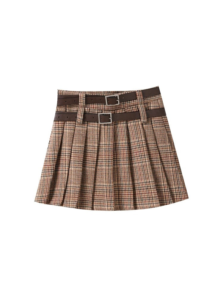 Plaid Pleated Mini Skirt with Double Belt Detail – Vintage Fall Aesthetic
