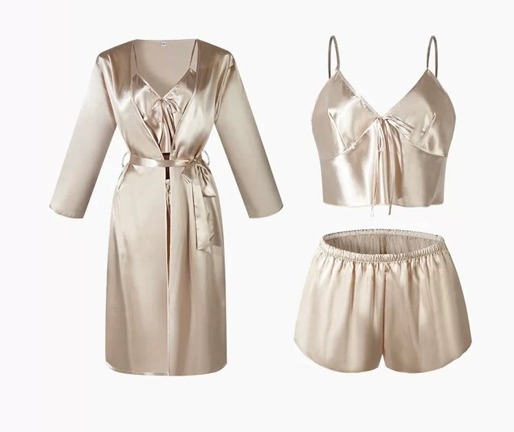 Summer New Sexy Suspender Shorts Three-piece Set Women's Ice Silk Pajama Set Homewear
