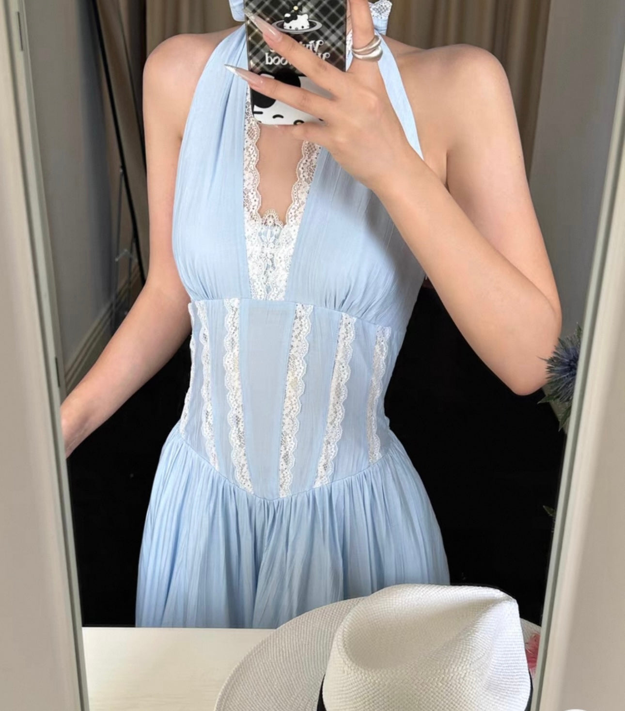 Blue French Striped Lace Halter Jumpsuit & High Waist Backless Maxi Skirt Set