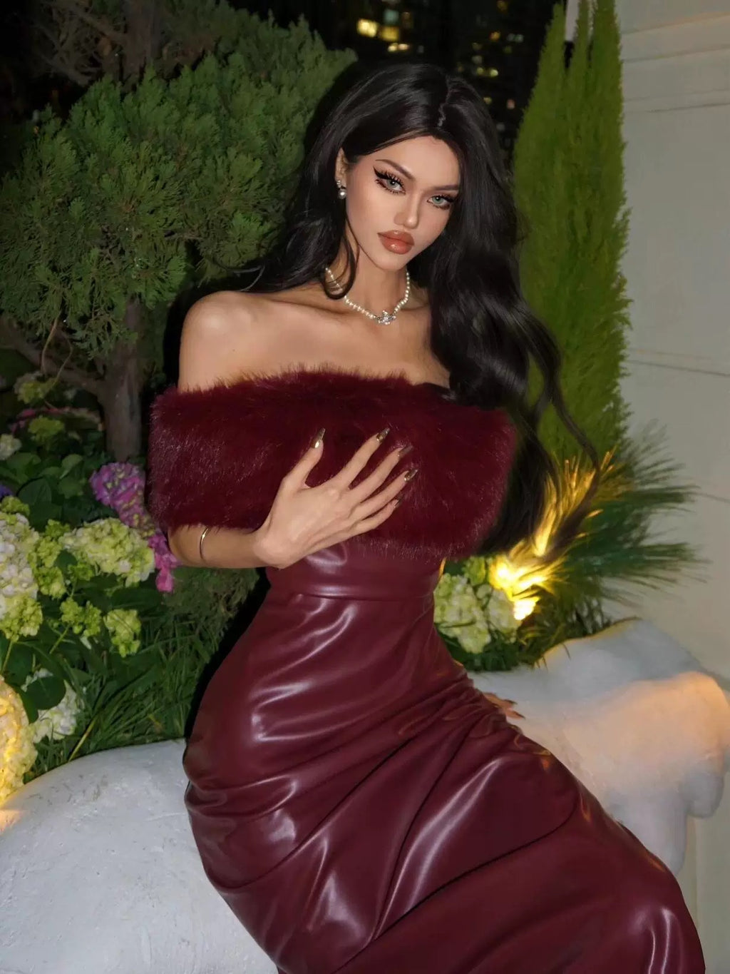 Red Off-Shoulder Leather Dress with Fur Trim – Holiday Glam Edition