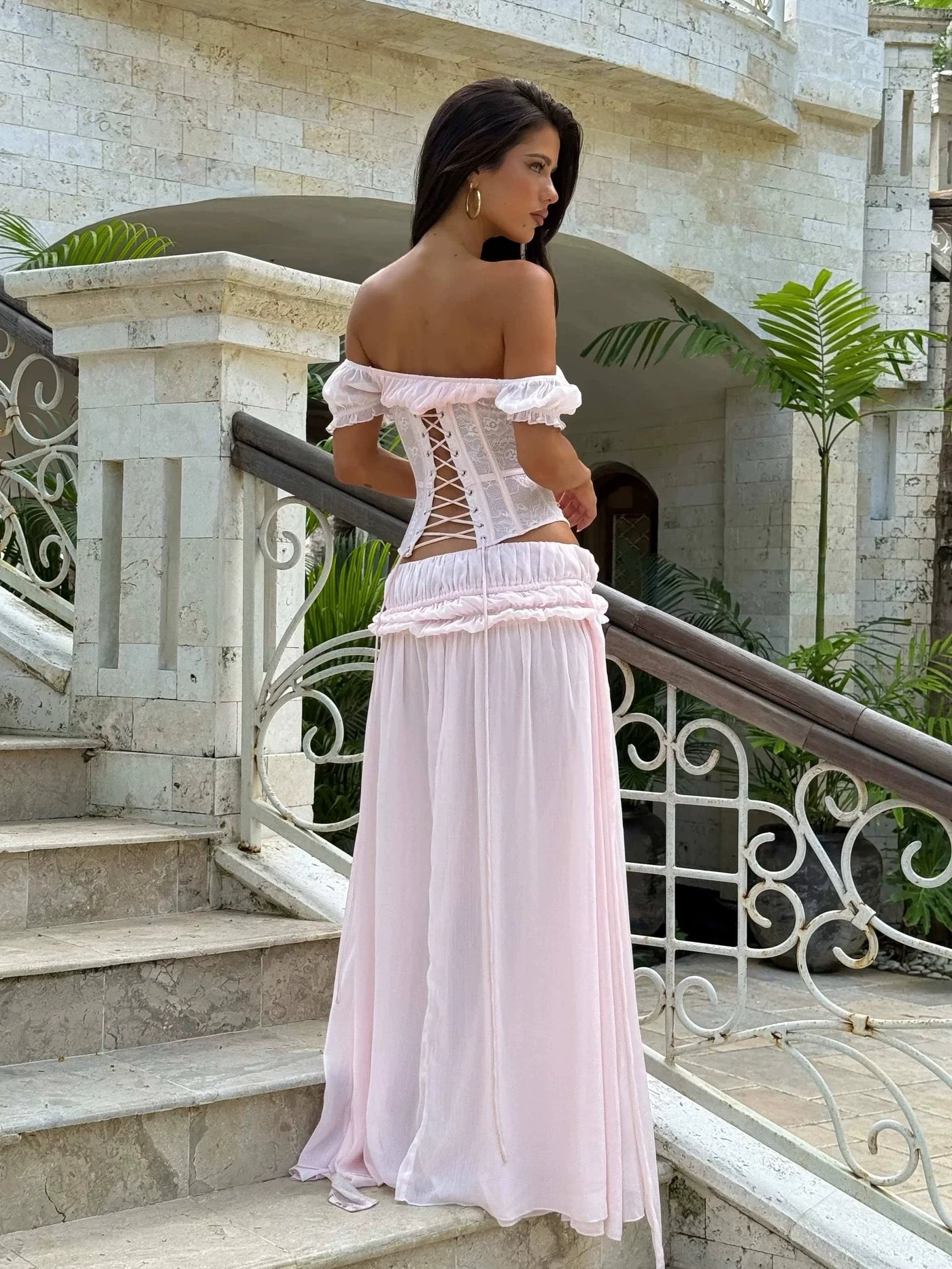 Women’s Off-Shoulder Corset Maxi Dress Set – Red, Pink, White & Black