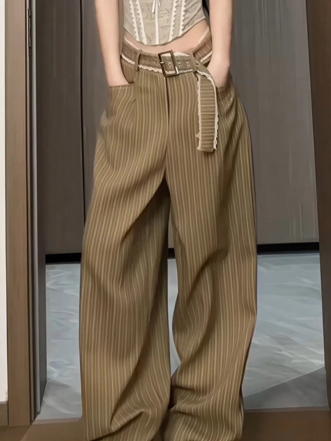 French Retro Khaki Wide-Leg Trousers – High-Waisted Slimming Casual Pants