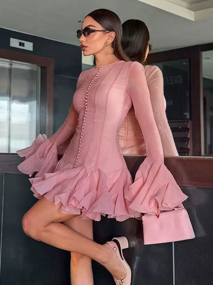 Elegant Long-Sleeve Ruffle Hem Dress – Pink, Red, Black & White