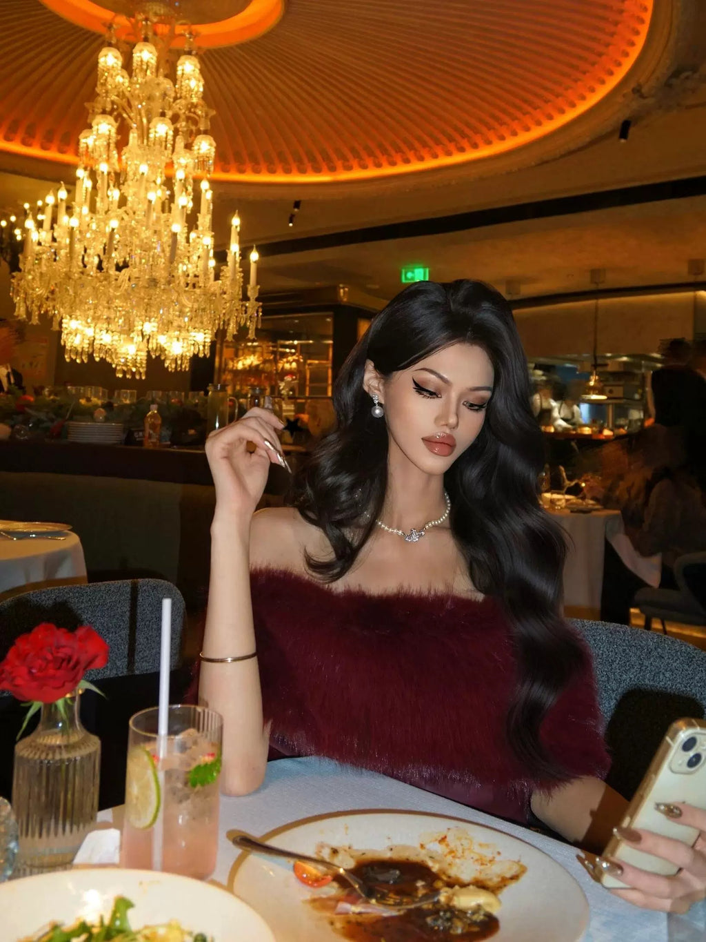 Red Off-Shoulder Leather Dress with Fur Trim – Holiday Glam Edition