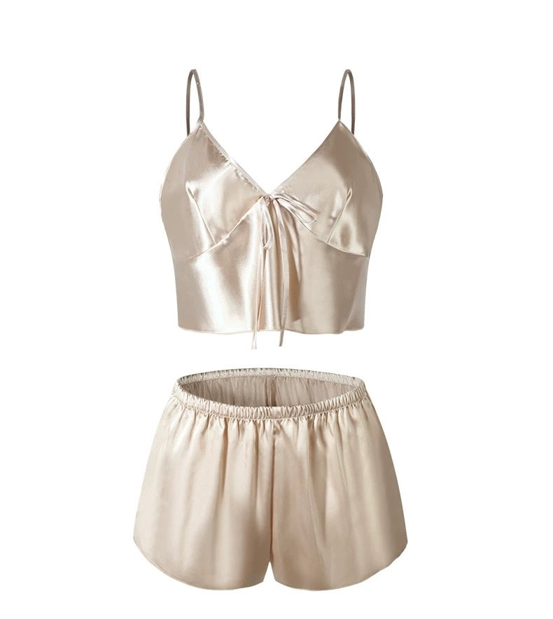 Summer New Sexy Suspender Shorts Three-piece Set Women's Ice Silk Pajama Set Homewear