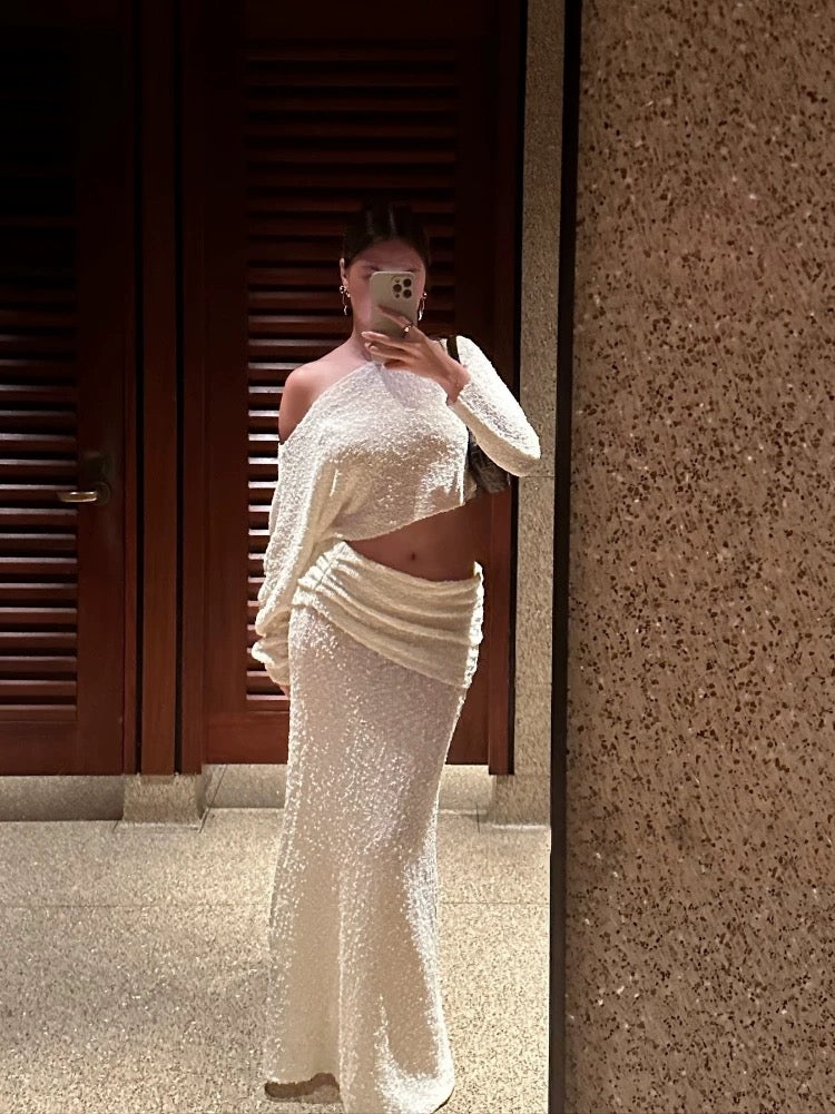 Textured Knit Co-ord Set – Crop Top & Maxi Skirt (Pink / Light Yellow)