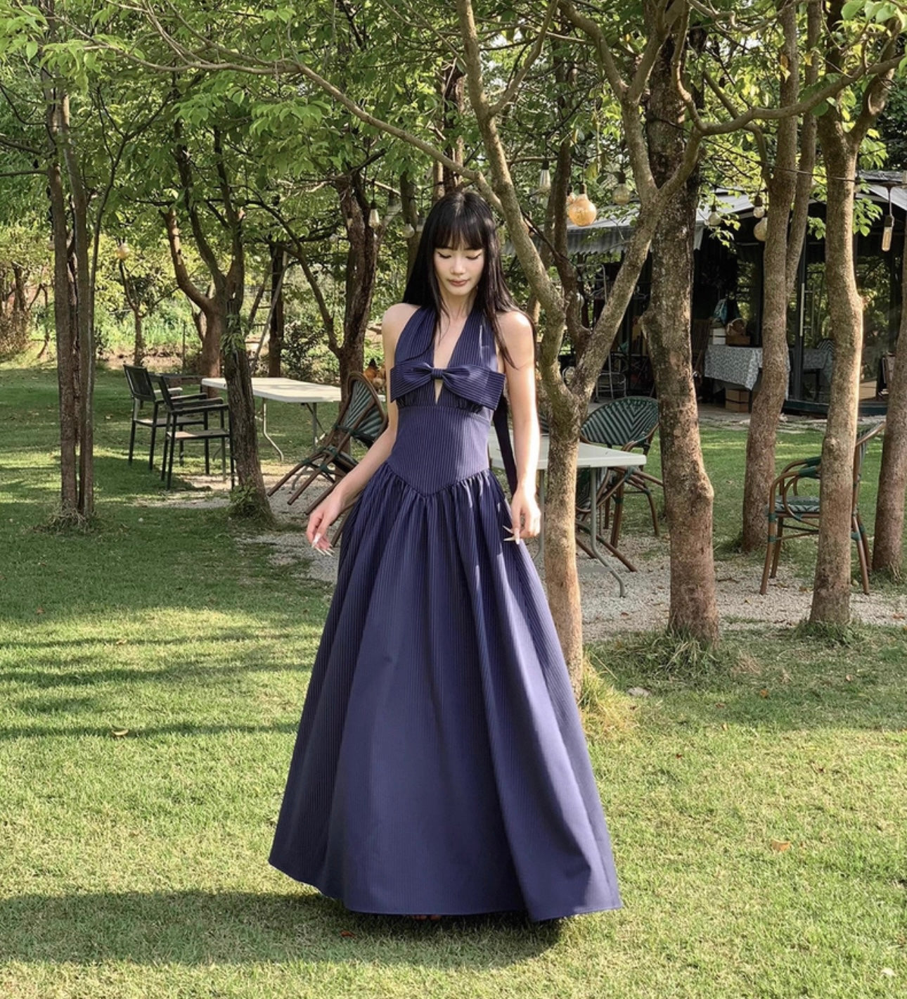 French Chic Striped Halter Maxi Dress with Bow Waist