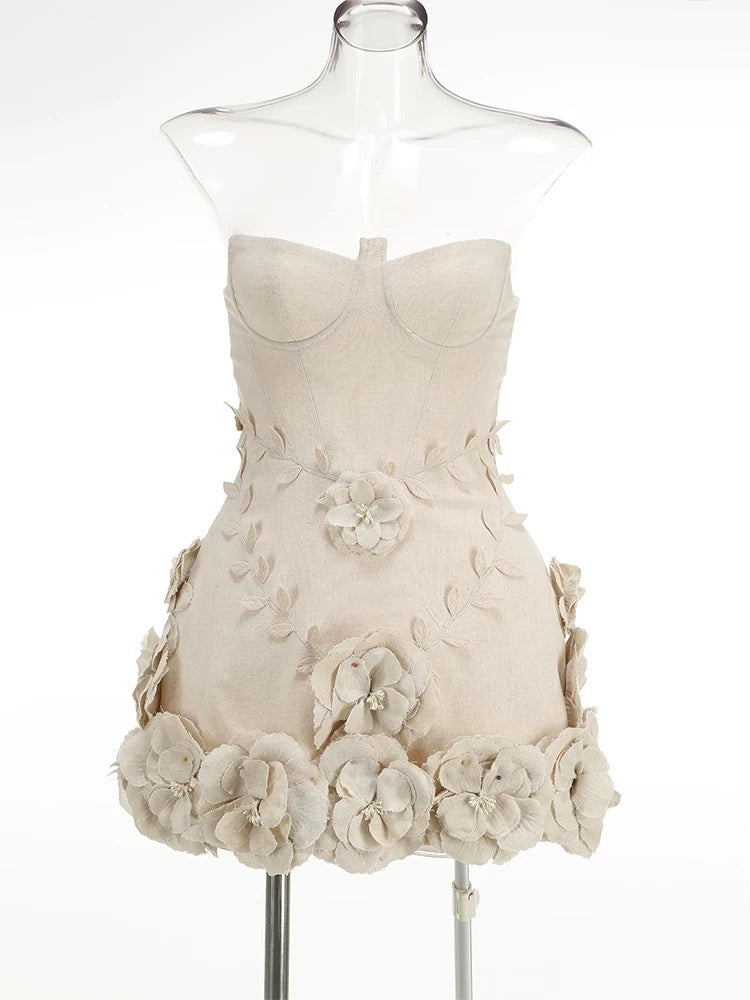 Beige Off-Shoulder Mini Dress with Floral Ruffle Detail