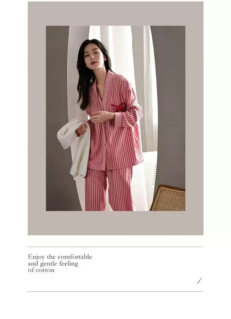 Cozy Pink Striped Cotton Pajama Set with Bow Detail – Soft Long-Sleeve Button-Up PJs