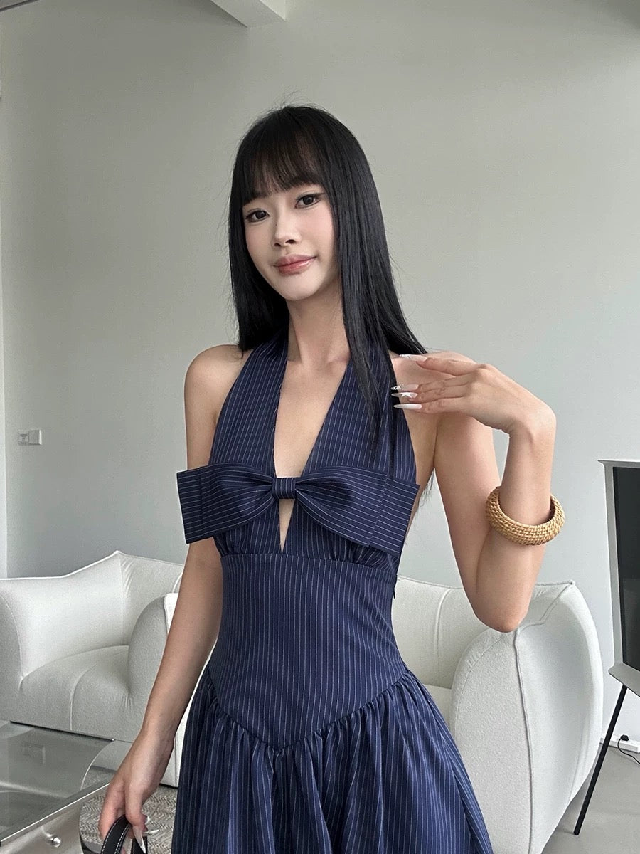 French Chic Striped Halter Maxi Dress with Bow Waist