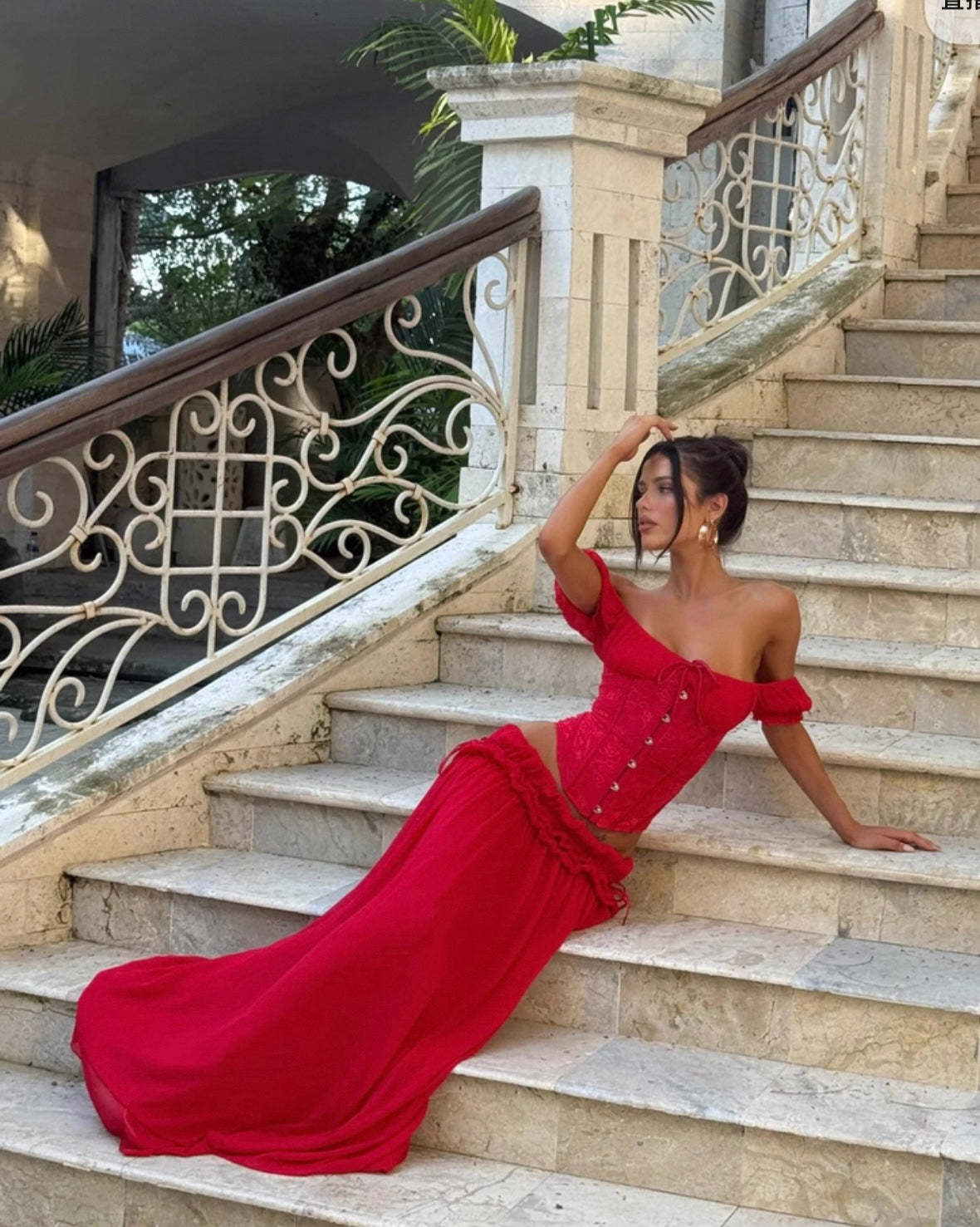 Women’s Off-Shoulder Corset Maxi Dress Set – Red, Pink, White & Black